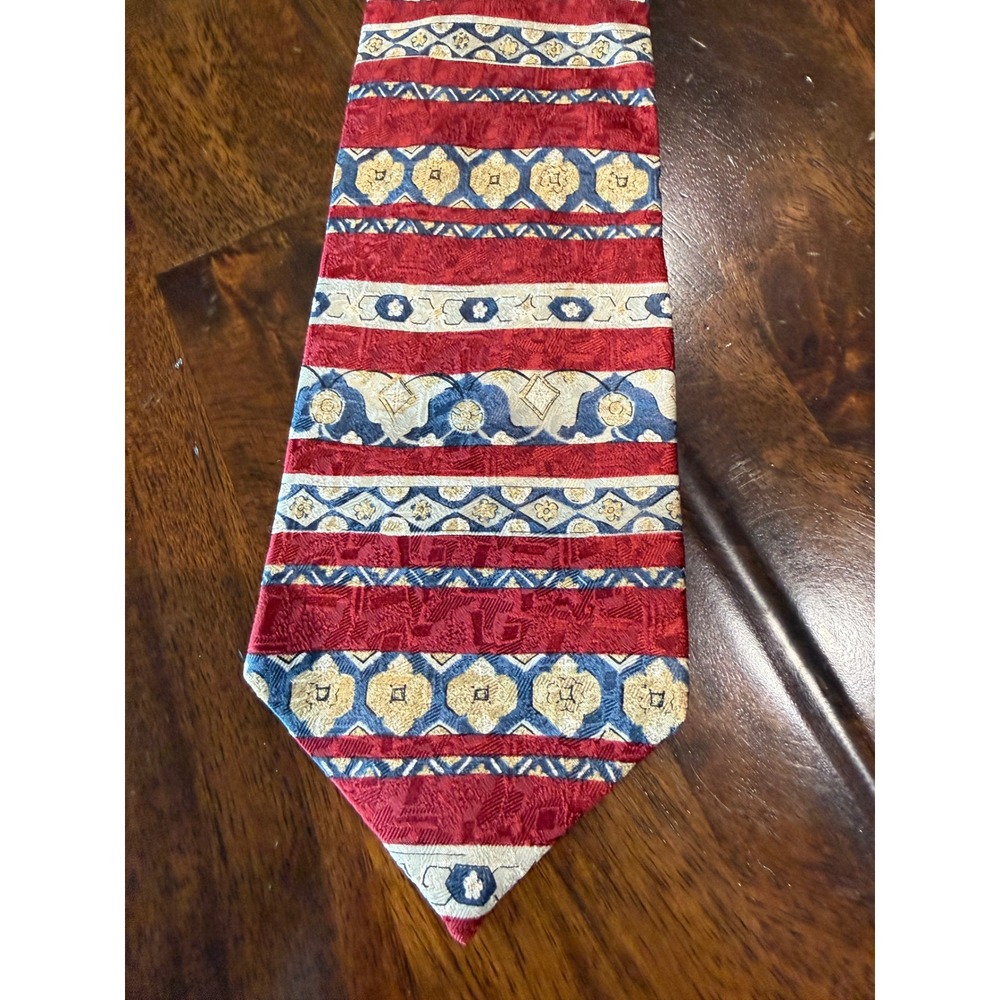 Claiborne Mens Silk Necktie Red Blue Gold Geometric Ornate Pattern USA Made
